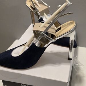 BRAND NEW Nine West Elegant Blue & Silver Suede Tibby Heels